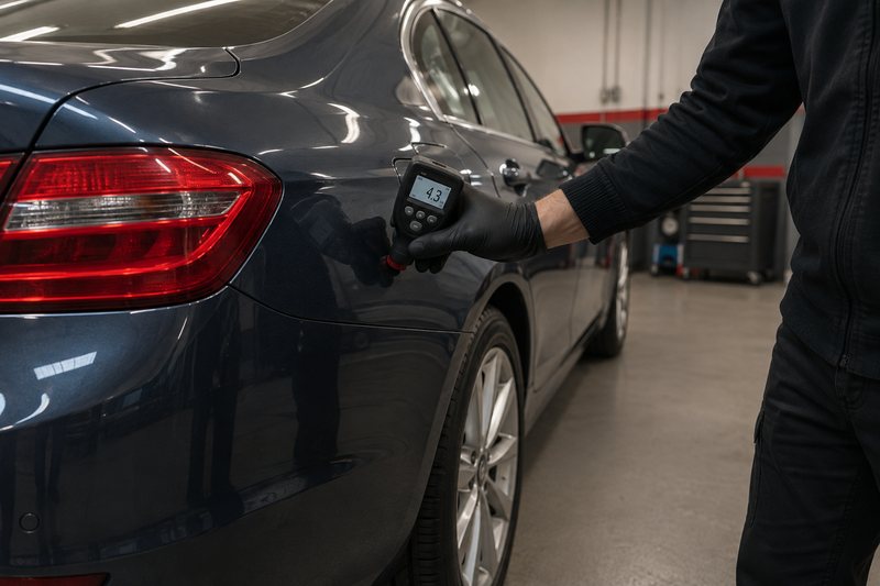 Technician measuring paint depth on a premium sedan body panel