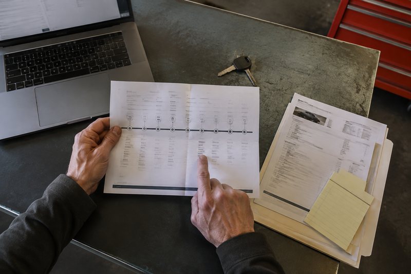 Hands comparing vehicle history notes at a workshop table