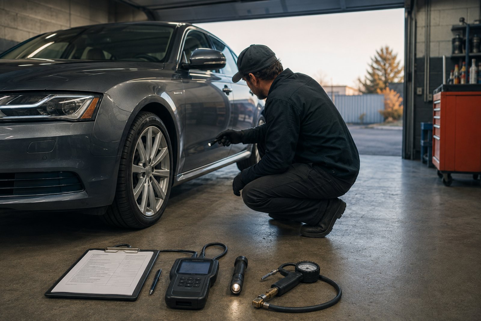 Inspection tools arranged beside an unbranded premium sedan