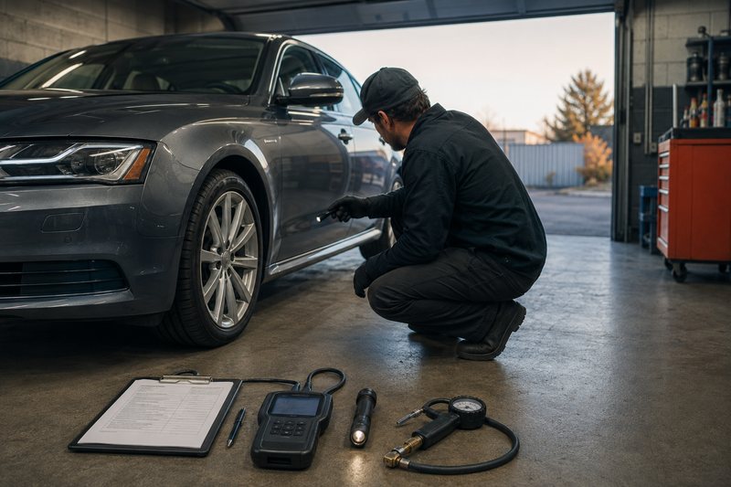 Inspection tools prepared beside a premium sedan in a workshop