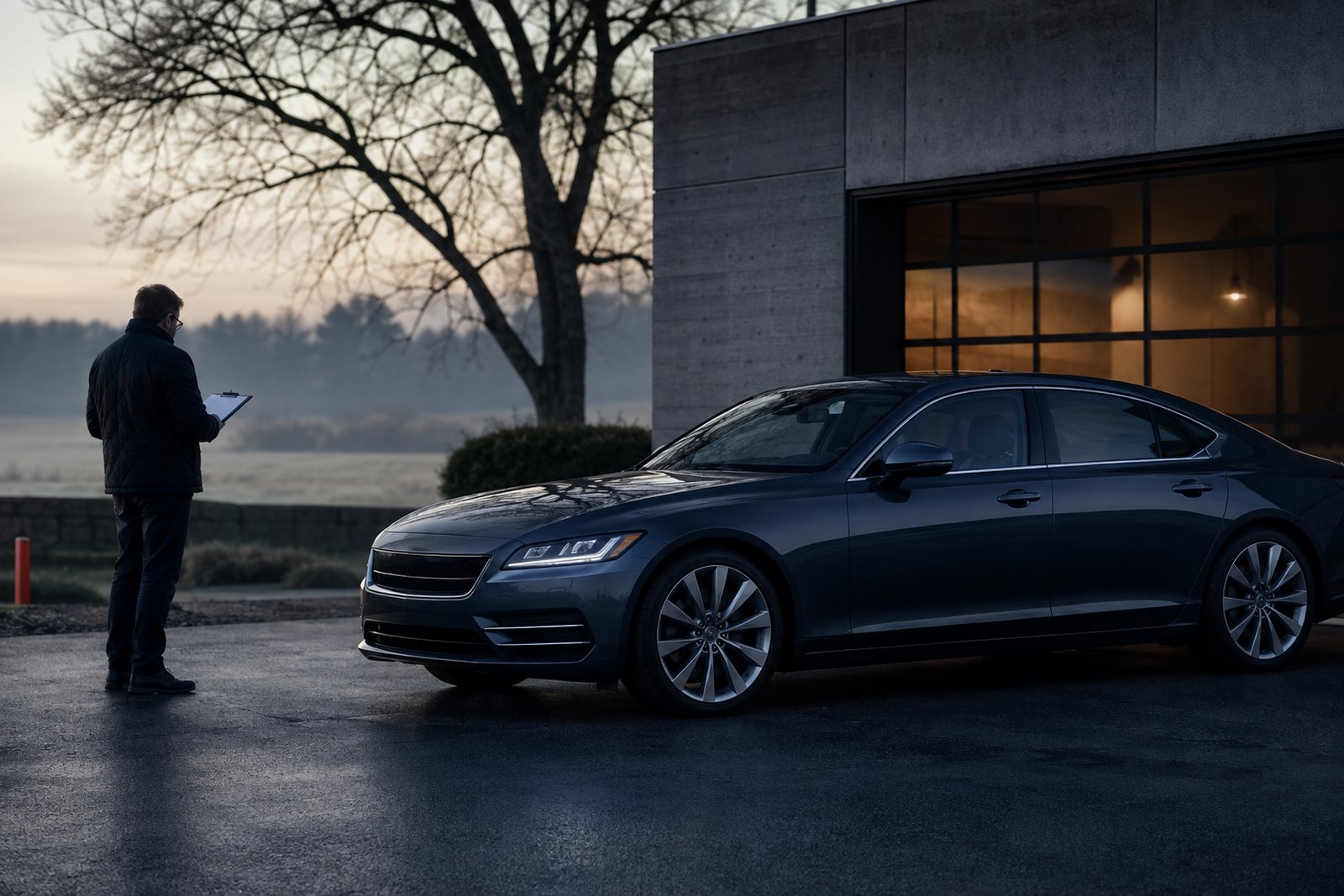 Buyer inspecting an unbranded premium sedan outside a modern garage at dawn