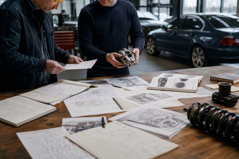 Editor and automotive specialist comparing notes and components